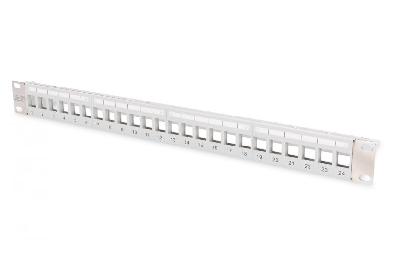 Modular Patch Panel, shielded, 24-port blank, 1U, Rack Mount, transp. label field, grey
