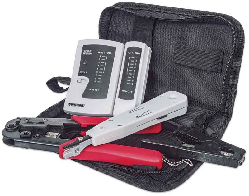 Intellinet 4-Piece Network Tool Kit, 4 Tool Network Kit Composed of LAN Tester, LSA punch down tool, Crimping Tool and Cut and Stripping too