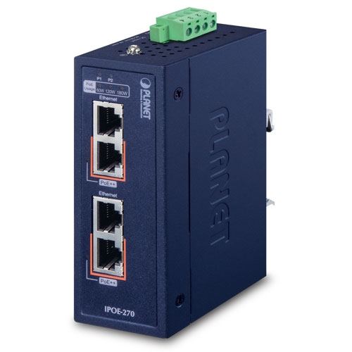 Planet Industrial 2-port Multi-Gigabit 802.3bt PoE Injector Hub w 12V Booster (-40~75 degrees C, 12~56VDC)