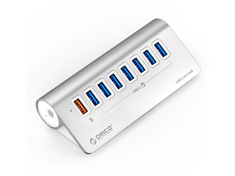 USB-C hub 7-port, 7x USB-A 3.2 Gen1, 1x USB-A PD 18W, 5Gbps, Power Supply, Aluminium, ORICO M3U7Q1-05